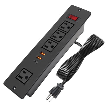 Recessed Power Strip USB C 20W Fast Charge Flush Mount Desktop Plug in Extension Cord 4 Outlets 2 USB-A Ports 1 USB-C Port Black (w Switch) for Table Conference Countertop